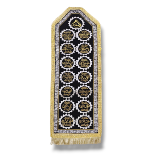 Alam Patka with Intricate Calligraphy - Names of Charda 14 Masumeen (a.s) on Black Velvet Cloth with Fine Machine Embroidery - Completed with Golden Gota and Lace at the Border