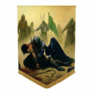 AK - Janabe Ali Akbar with Imam Hussain a.s & Sayyeda Fatema Zahra (s.a) - Iran Parcham - Velvet Banner - Maqtal Manzarkashi - 100X140cm